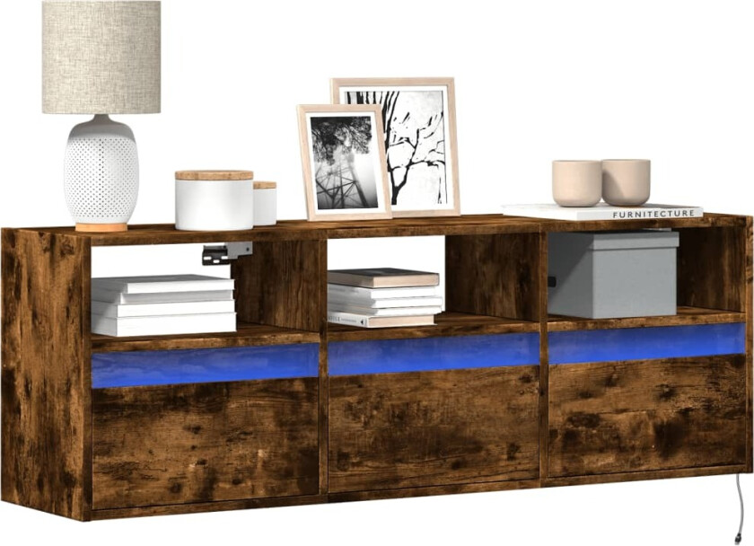 Vegghengt TV-benk med LED røkt eik 130x31x45 cm