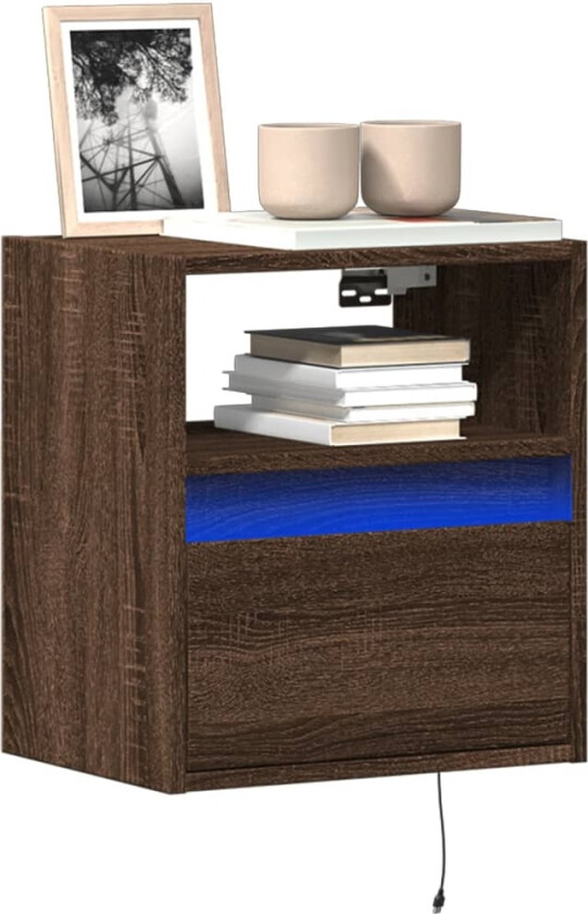 Vegghengt TV-benk med LED brun eik 41x31x45 cm