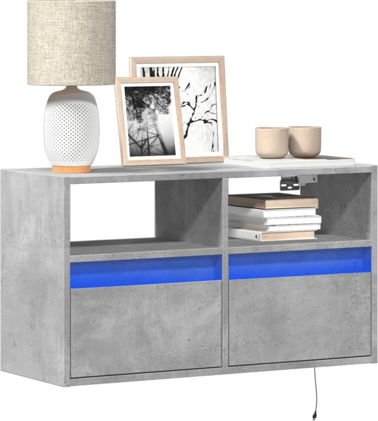 Vegghengt TV-benk med LED-lys betonggrå 80x31x45 cm