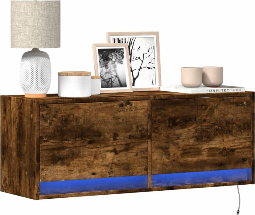 Vegghengt TV-benk med LED røkt eik 100x31x35 cm