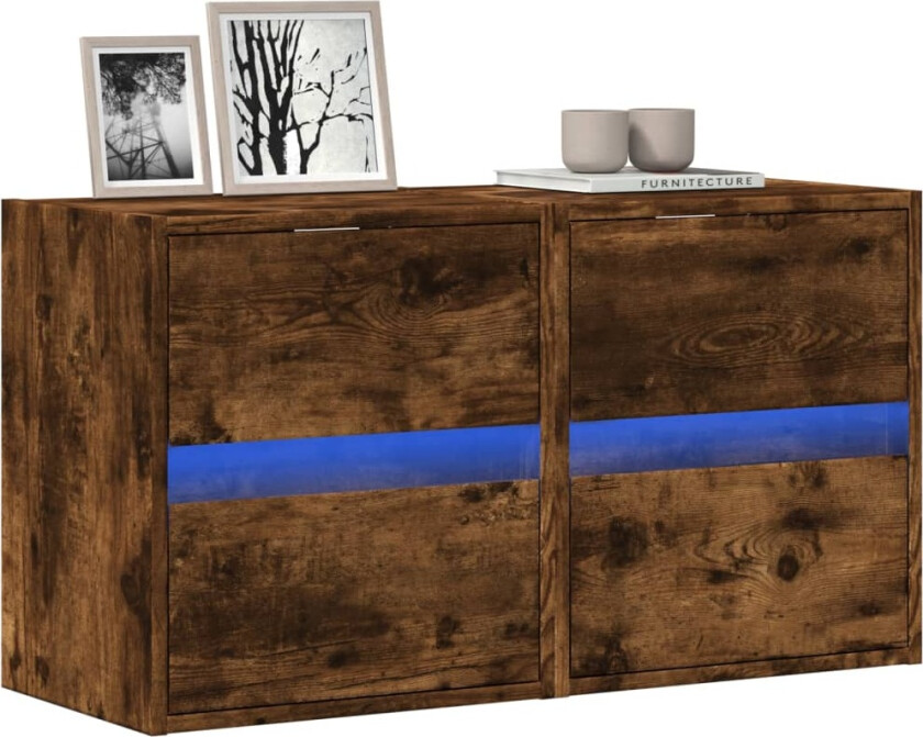 Vegghengt TV-benker med LED-lys 2 stk røkt eik 41x31x45 cm