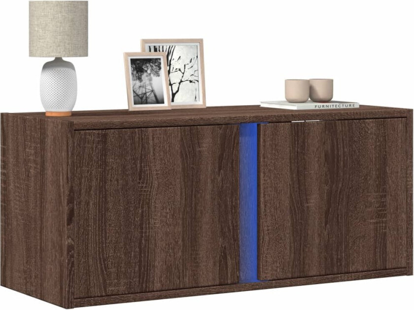 Vegghengt TV-benk med LED brun eik 80x31x35 cm