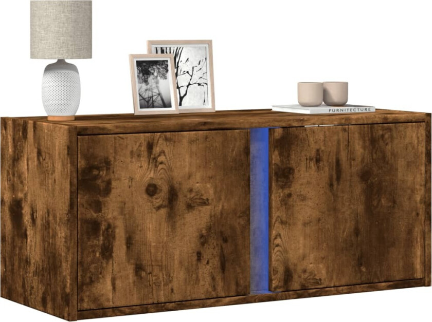 Vegghengt TV-benk med LED røkt eik 80x31x35 cm