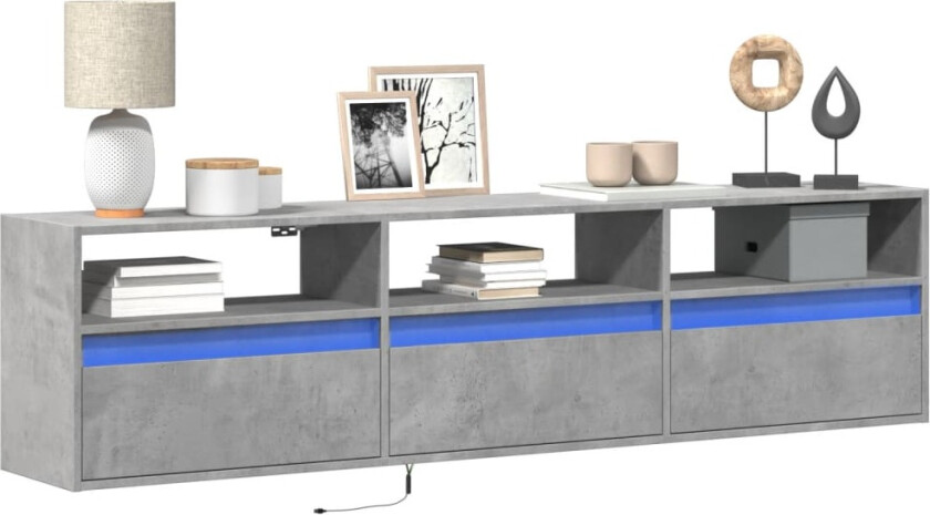 Vegghengt TV-benk med LED-lys betonggrå 180x31x45 cm