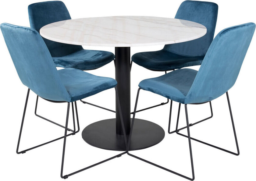 EstelleØ106WHBL spisegruppe spisebord hvit, marmor og 4 Muce spisestuestoler velour blå.