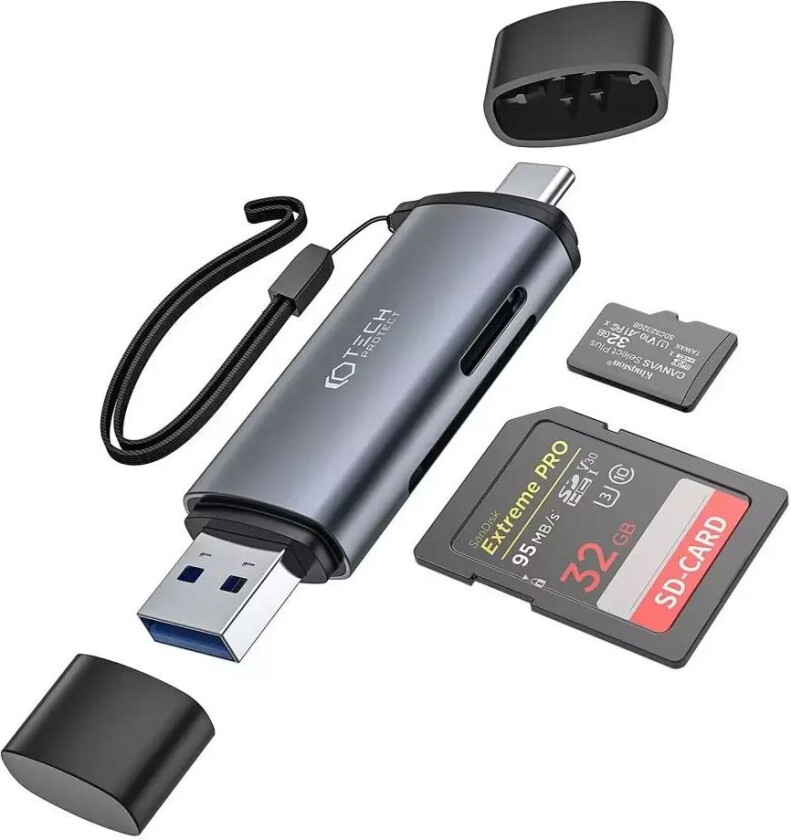 Tech-Protect Ultraboost USB-C til USB-A SD/MicroSD-kortleser - Grå