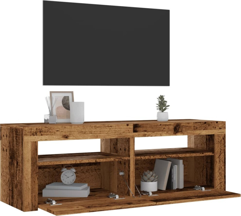 TV-benk med LED-lys gammelt tre 120x35x40 cm konstruert tre