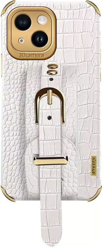 iPhone 14 Krokodilleskinn Deksel m. Innebygd Stropp - Hvit