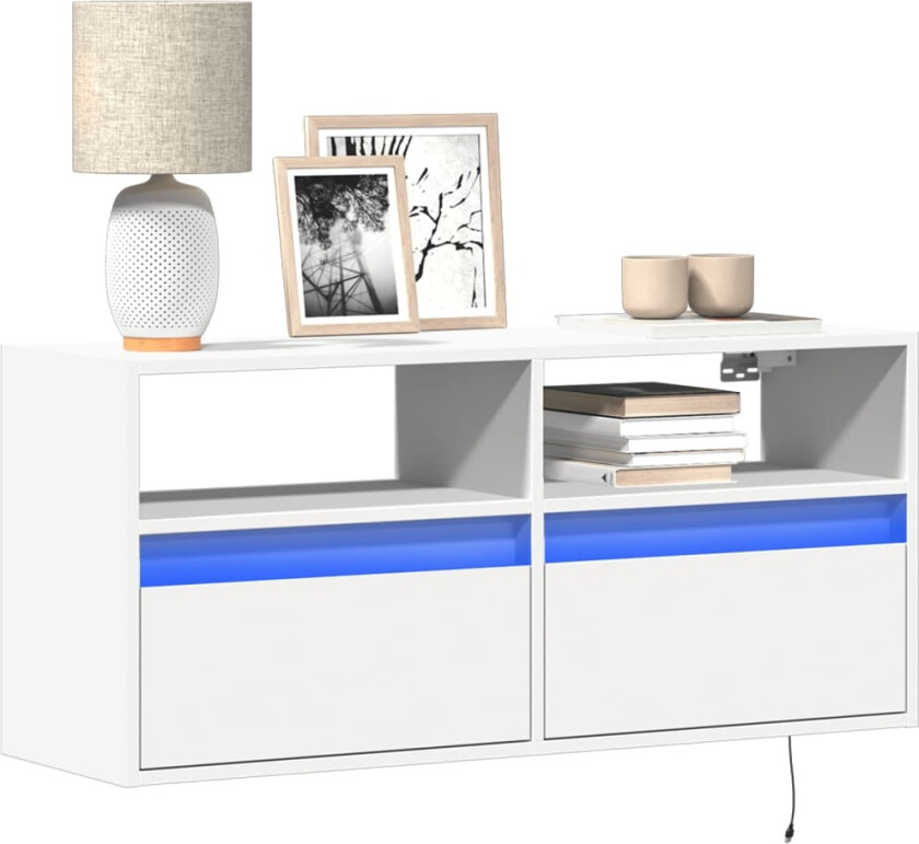Vegghengt TV-benk med LED hvit 100x31x45 cm