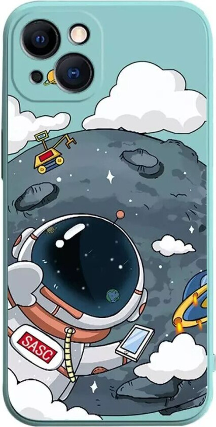 iPhone 14 Plus Fleksibelt Deksel av Plast med Trykk - Astronaut På Månen / Turkis