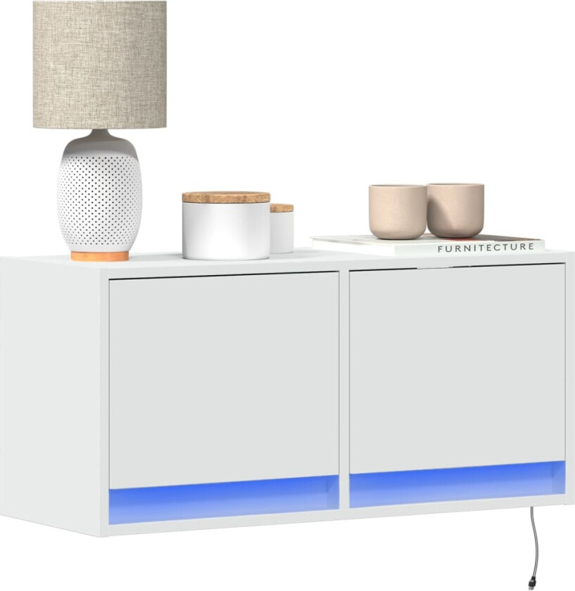 Vegghengt TV-benk med LED hvit 80x31x35 cm