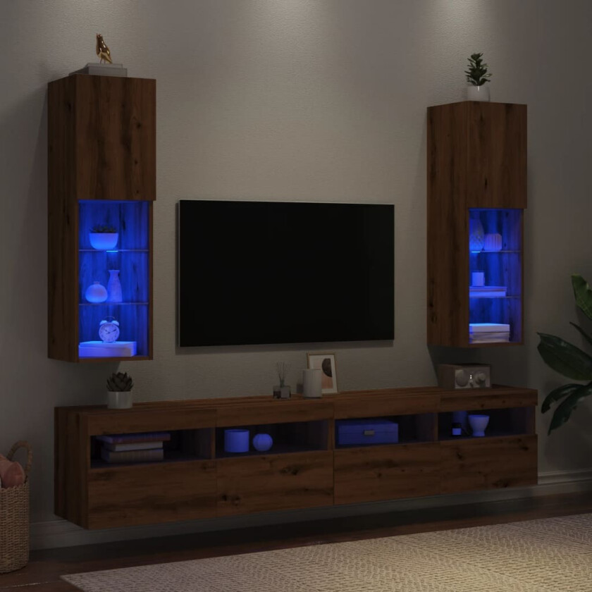 TV-benker med LED-lys 2 stk artisan eik 30,5x30x102 cm