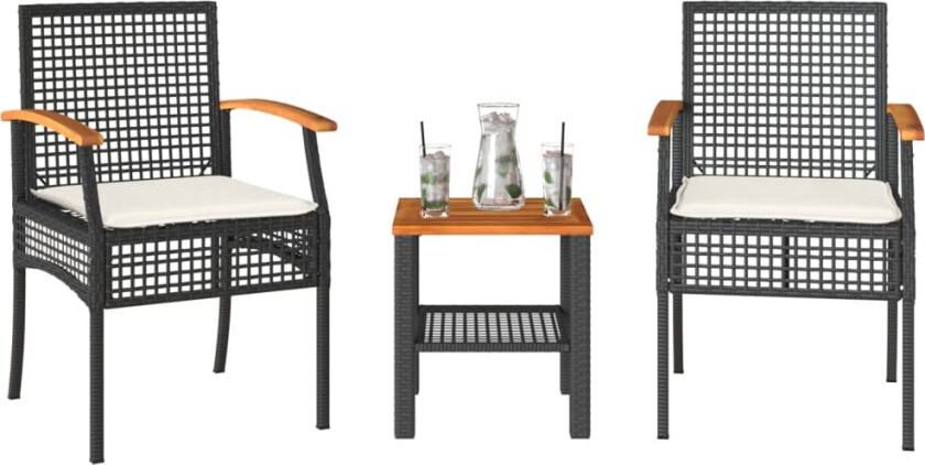 Bistrosett 3 deler med puter svart polyrotting akasietre