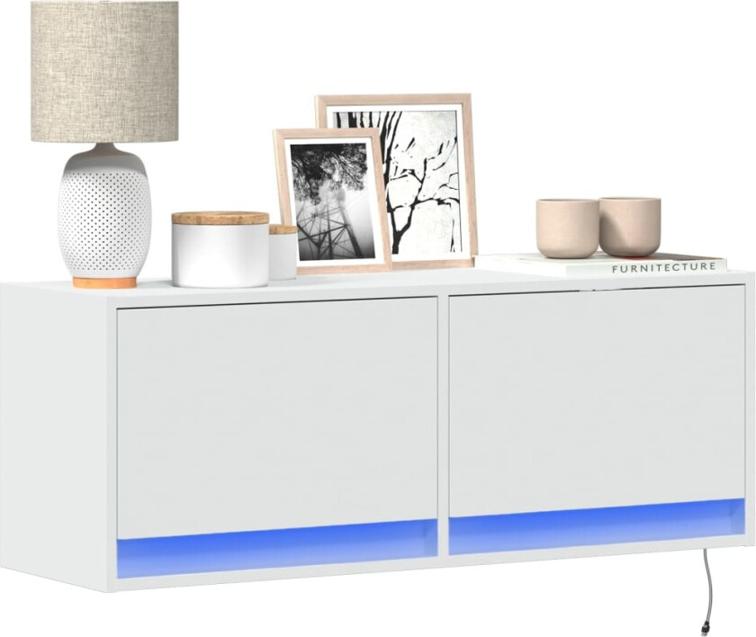 Vegghengt TV-benk med LED hvit 100x31x35 cm