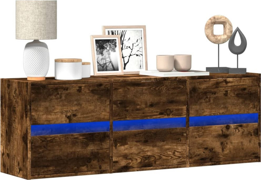 Vegghengt TV-benk med LED røkt eik 130x31x45 cm