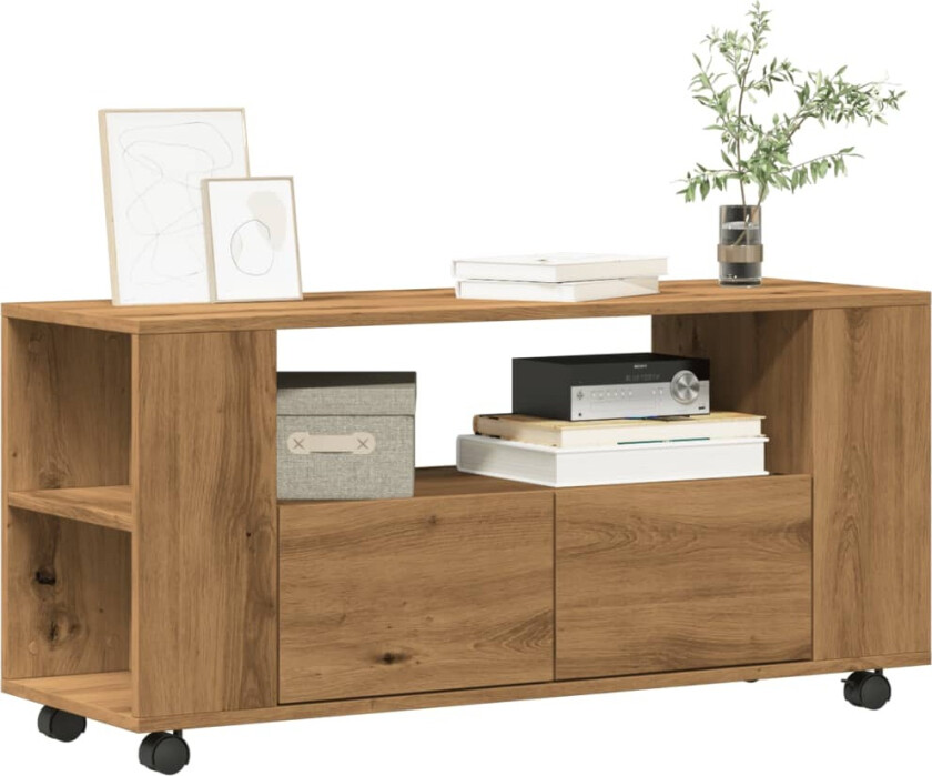 TV-benk med hjul artisan eik 102x34,5x43 cm konstruert tre