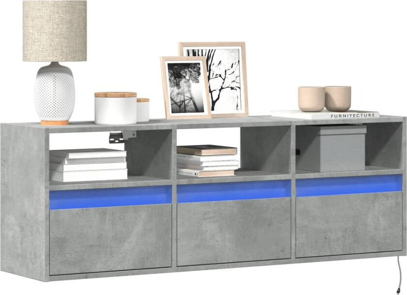 Vegghengt TV-benk med LED-lys betonggrå 130x31x45 cm