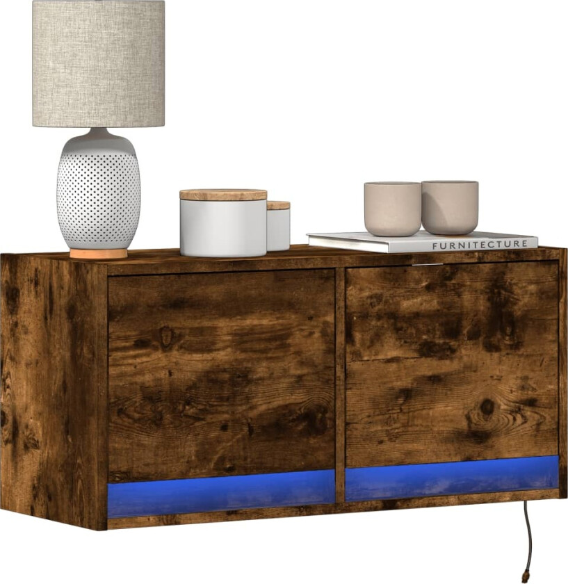 Vegghengt TV-benk med LED røkt eik 80x31x35 cm