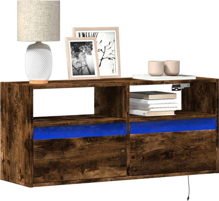 Vegghengt TV-benk med LED røkt eik 100x31x45 cm