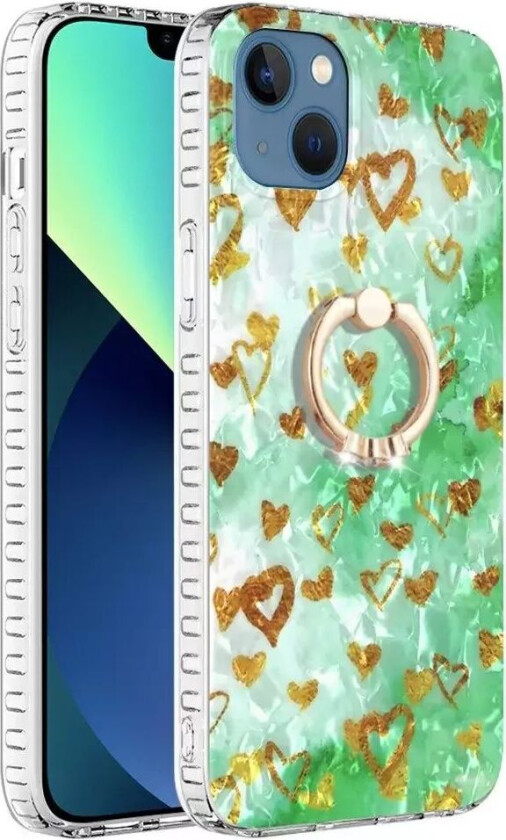 iPhone 14 Fleksibelt Plast Deksel med Ring- og Stativfunksjon - Hjerter av Gull