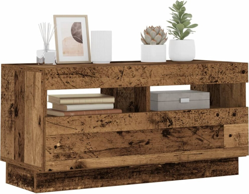 TV-benk med LED-lys gammelt tre 80x35x40 cm konstruert tre