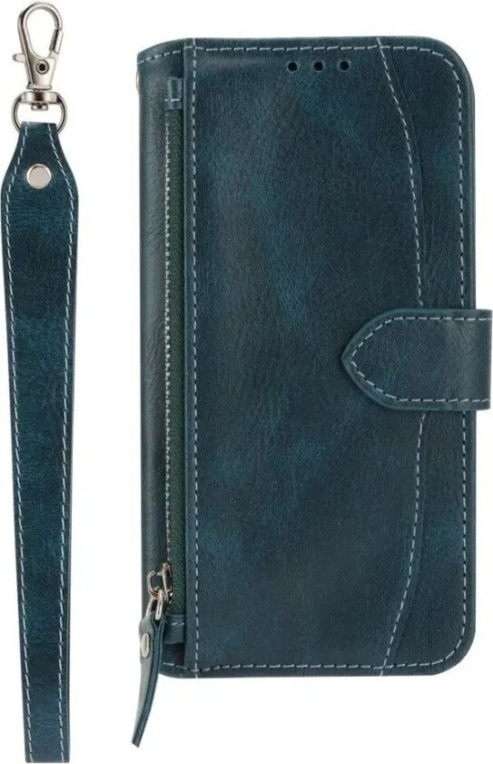 Samsung Galaxy A25 (5G) Kunst Skinn Deksel med Glidelåslomme og stropp - Blå