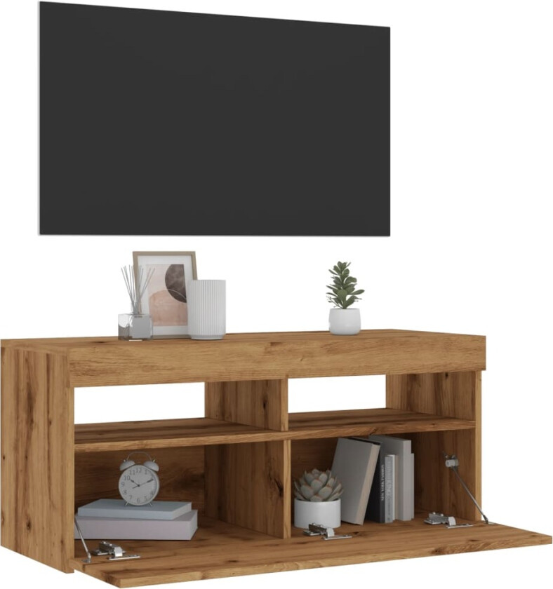 TV-benk med LED-lys artisan eik 90x35x40 cm konstruert tre