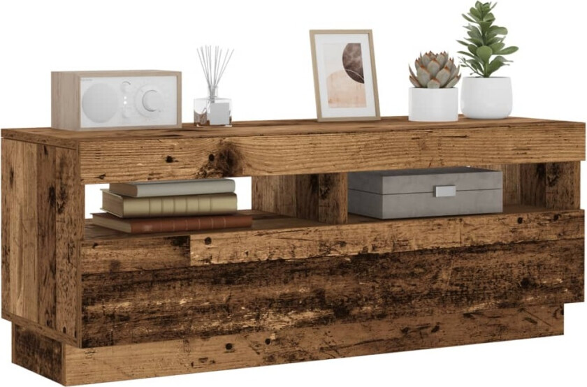 TV-benk med LED-lys gammelt tre 100x35x40 cm konstruert tre