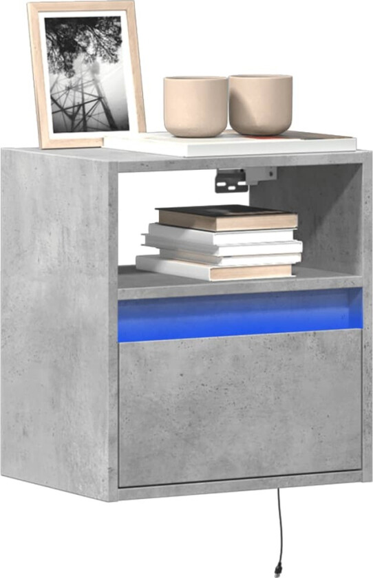 Vegghengt TV-benk med LED-lys betonggrå 41x31x45 cm