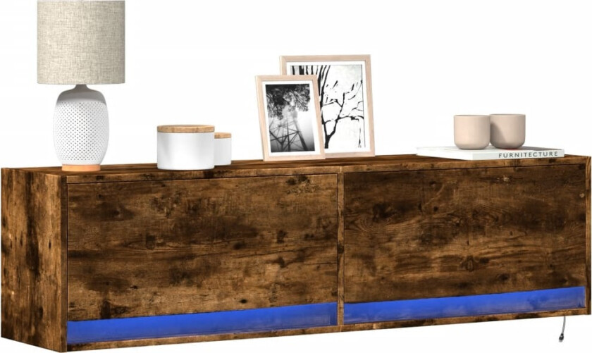 Vegghengt TV-benk med LED røkt eik 140x31x38 cm