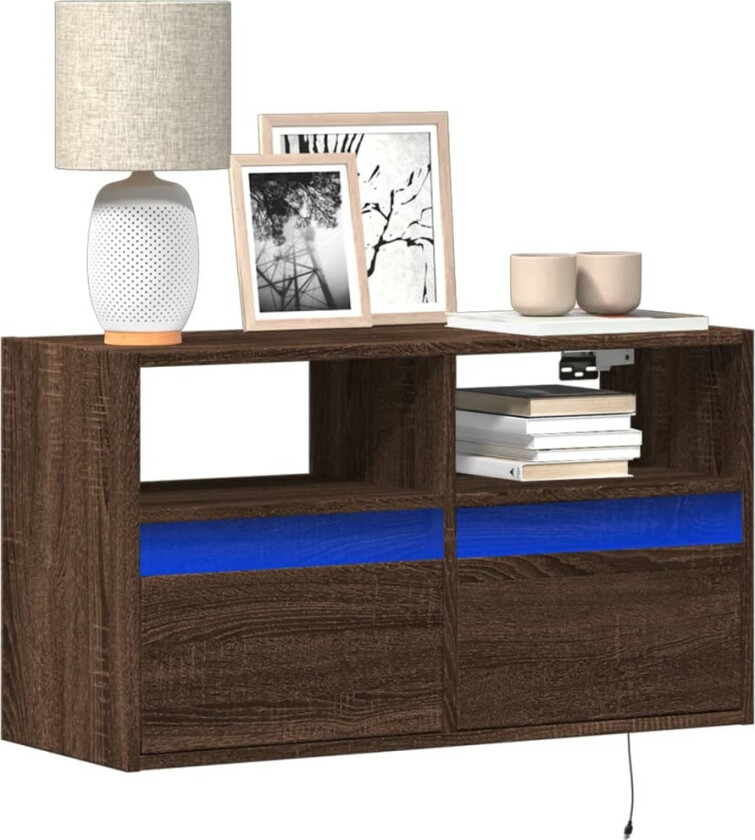 Vegghengt TV-benk med LED brun eik 80x31x45 cm