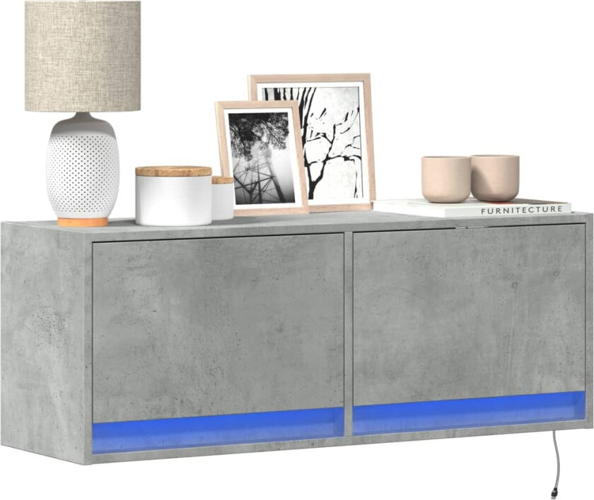 Vegghengt TV-benk med LED-lys betonggrå 100x31x35 cm