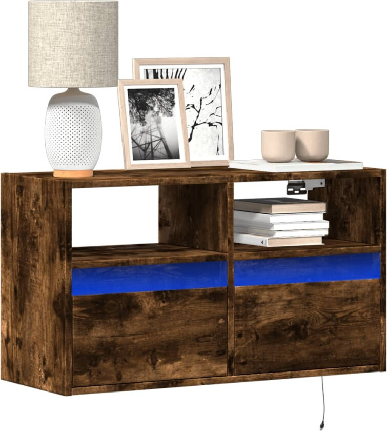 Vegghengt TV-benk med LED røkt eik 80x31x45 cm