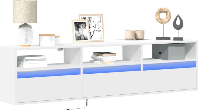 Vegghengt TV-benk med LED hvit 180x31x45 cm