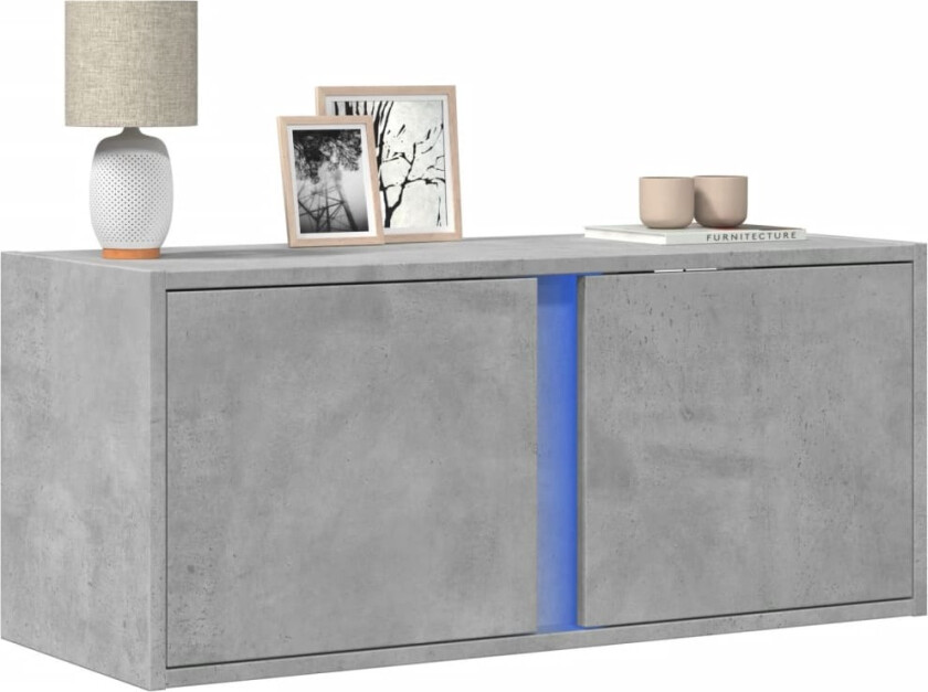 Vegghengt TV-benk med LED-lys betonggrå 80x31x35 cm