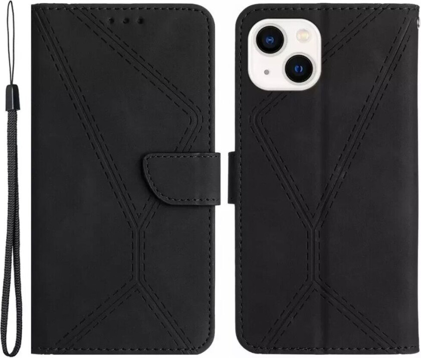 iPhone 15 Leather Deksel med Lommebok og Stropp - Svart