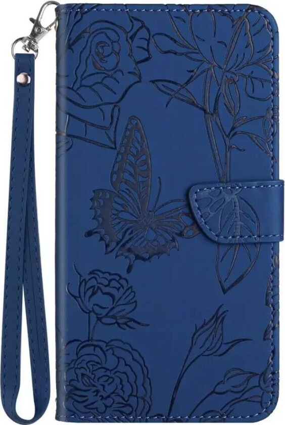 iPhone 14 Kunstskinn Flip Deksel med Lommebok - Sommerfugl - Blå