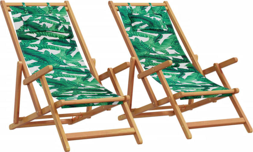 Sammenleggbare strandstoler 2 stk bladmønster stoff og heltre