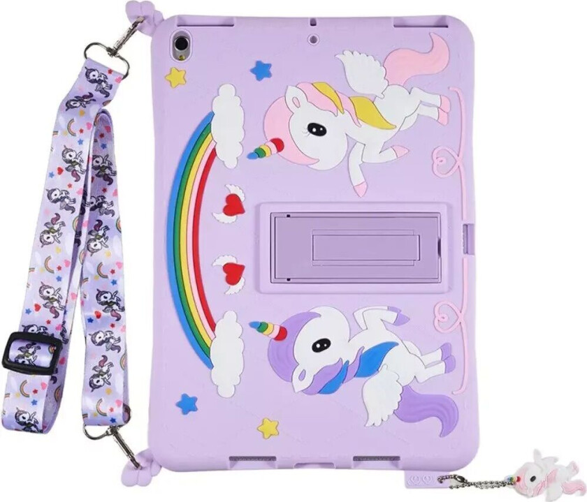 iPad 10.2" (2021 / 2020 / 2019) / Air 10.5" (2019) / Pro 10.5" Silikon Deksel med Stativ, Trykk og Stropp - Enhjørning