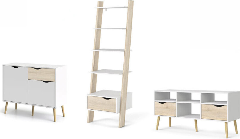 Napoli hylle sett med skjenk, TV-møbel og reol, hvit,eik dekor.