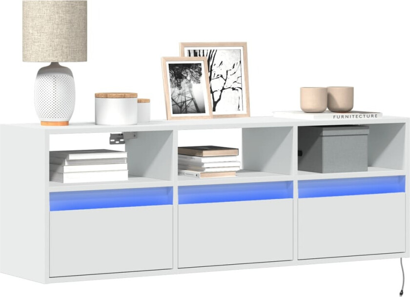 Vegghengt TV-benk med LED hvit 130x31x45 cm