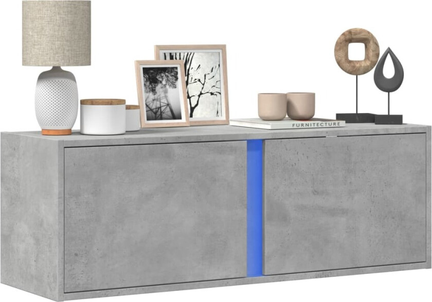 Vegghengt TV-benk med LED-lys betonggrå 100x31x35 cm