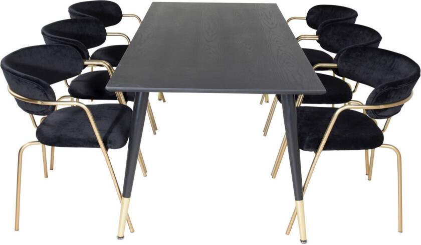 Dipp180x90BLBR spisegruppe spisebord svart og 6 Arrow spisestuestoler velour svart.