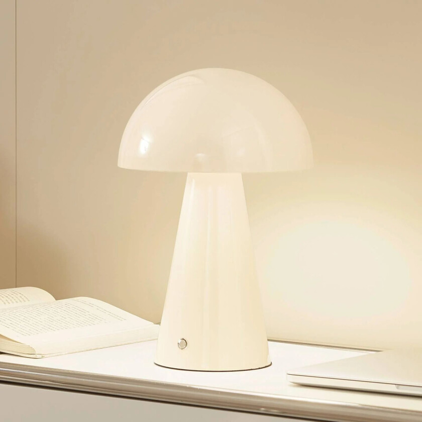 LED oppladbar bordlampe Nevijo, beige, Ø20cm, USB, dimmer