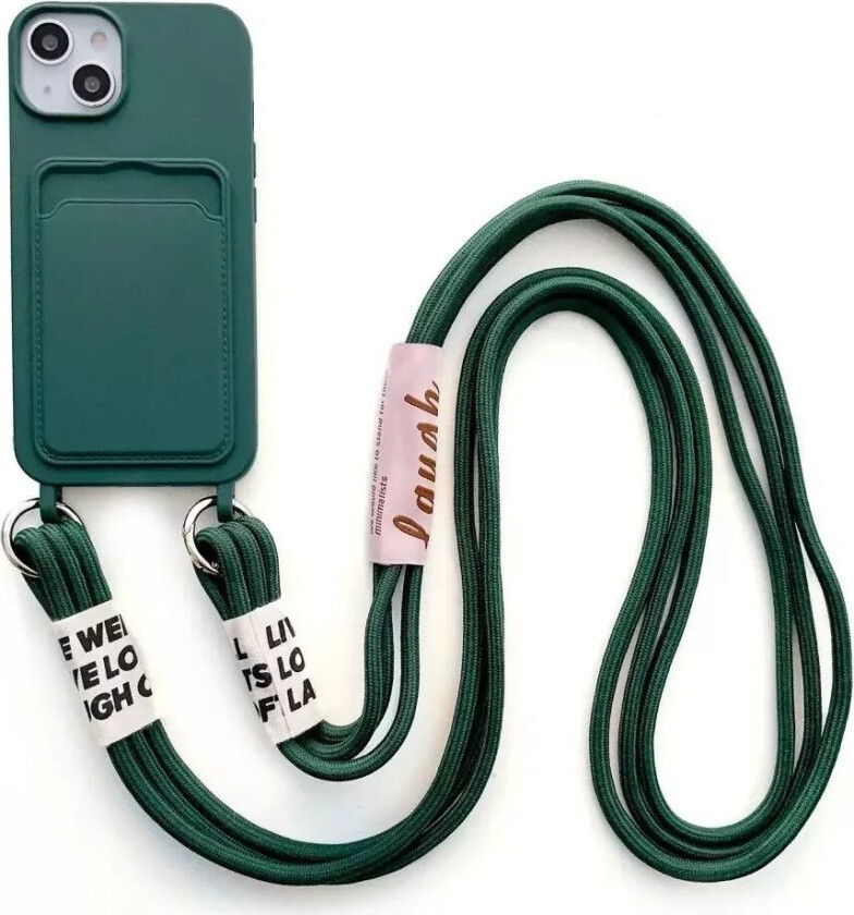 iPhone 14 Fleksibelt Plastdeksel med Kortholder og Stropp - Mørke Grønn