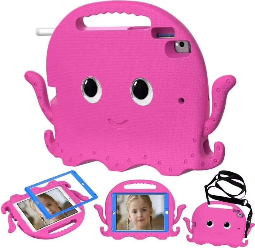 iPad (2018) / iPad (2017) / iPad Air 2 / iPad Pro 9.7" EVA Barnedeksel med Skulderstropp - Blekkspruttema - Mørk Rosa