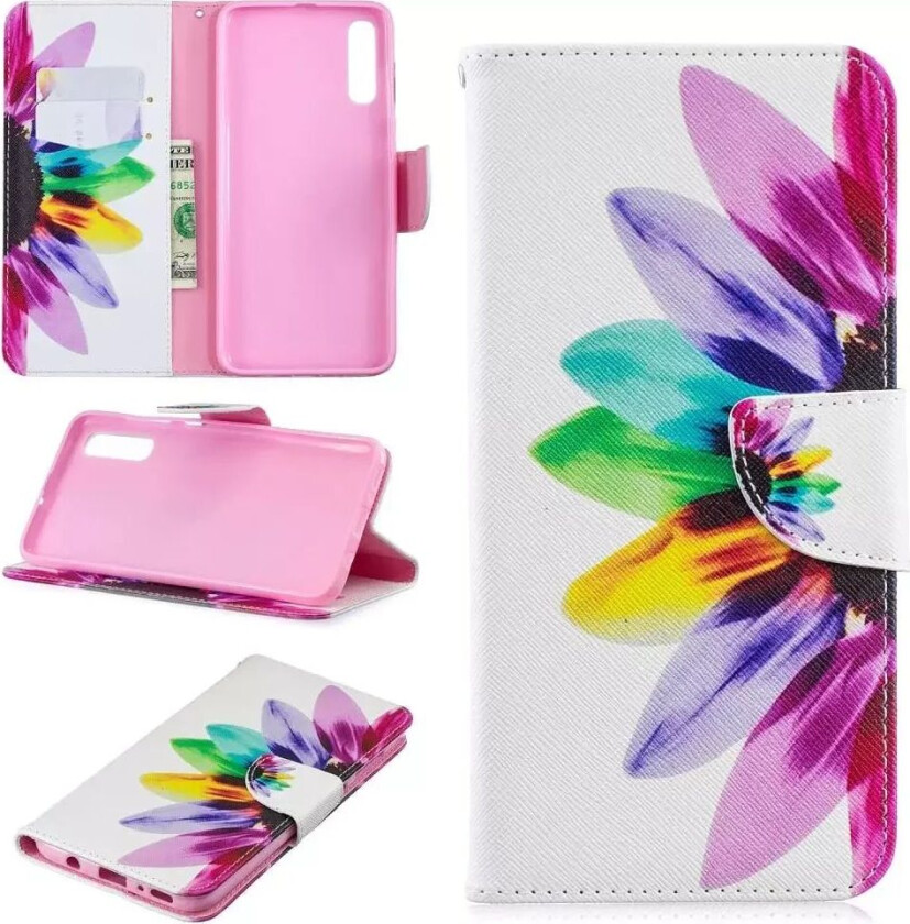 Samsung Galaxy A70 Skinn Flip Deksel - Fargerik Blomst