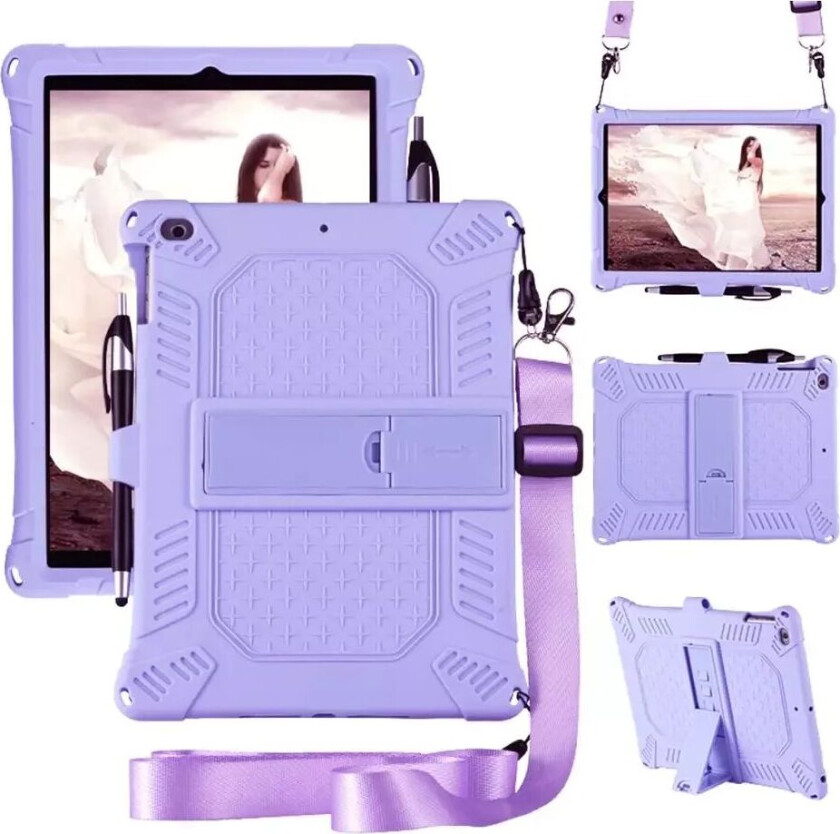 iPad 9.7" (2017 / 2018) Gummi Håndværker Deksel m. Stativ, Pennholder(uten penn) & Skulderstropp - Lilla