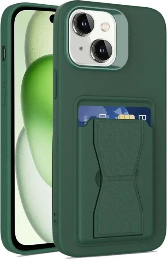iPhone 15 Fleksibelt Plast Deksel m. Kortholder & Kickstand - Grön