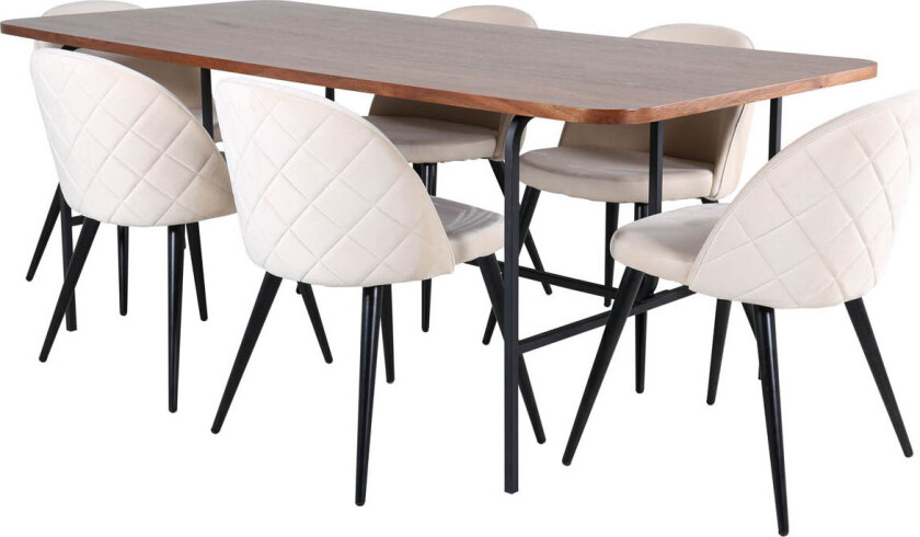 UnoWA spisegruppe spisebord valnøtt dekor og 6 Velvet Stitches spisestuestoler velour beige.